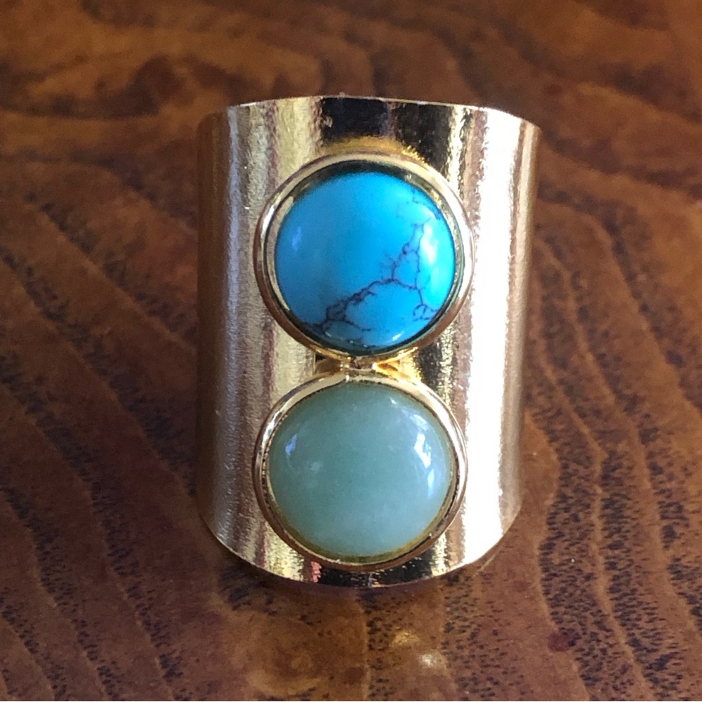 Wide gold band duo howlite opalite cabochon ring